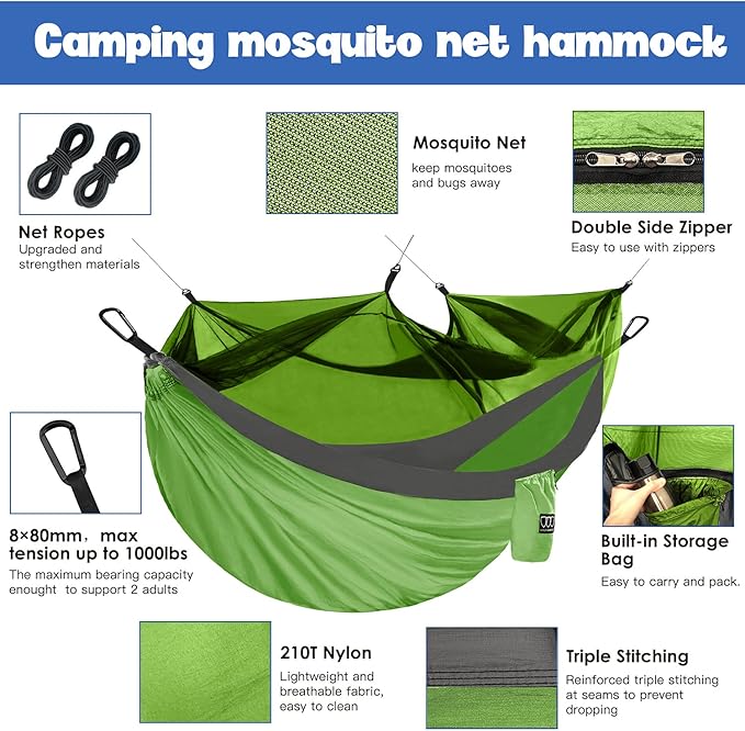 Gold Armour Camping Hammock - Camping Essentials, Double Hammock with Bug Net, Camping Gear Hammock for Outside, Hiking, and Travel (Lime Green & Gray)