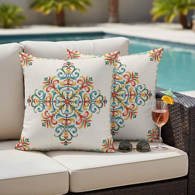 Geometric Flowers Outdoor Pillow Covers 24x24 Inch Throw Pillow Covers Set of 2 Waterproof Decorative Pillow Cases Modern Abstract Colorful Floral on Linen Cushion Covers for Patio Furniture Garden