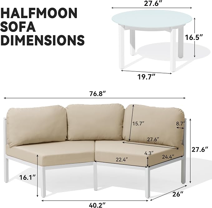 Crestlive Curved Patio Furniture Set, Modular Half Moon 4-Seater Sofa with Round Coffee Table, Aluminum Outdoor Sectional with 4.3" Cushions, All-Weather Couch for Backyard, Deck, Porch, Poolside