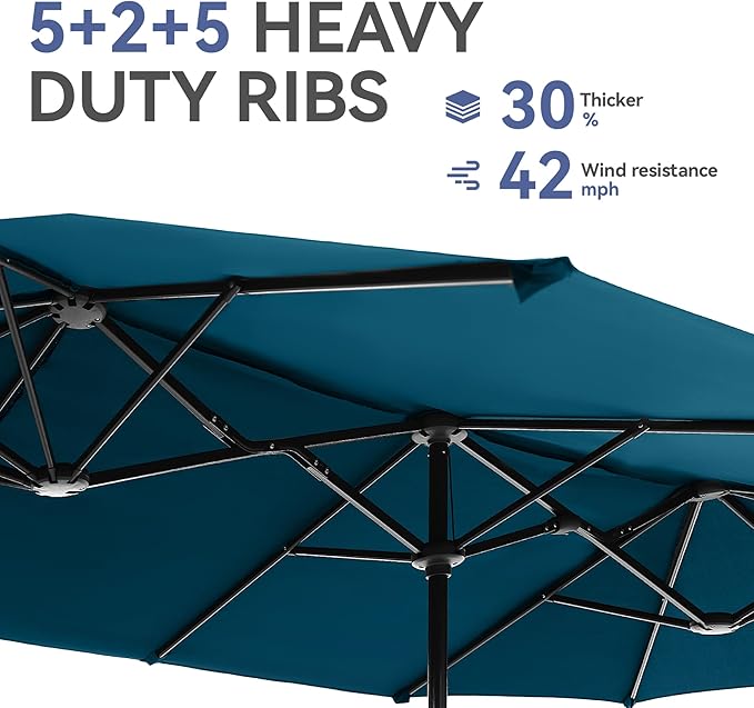 GREEN PARTY 13ft Rectangle Patio Umbrella, Double Sided Outdoor Table Umbrella with Crank & 1.5" Pole, Large Market Umbrella for Poolside Garden Deck Backyard, Cerulean