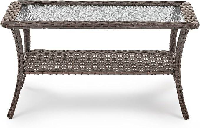 Patio Coffee Table for Outdoor Furniture Set - 2-Tier Storage Wicker Side Tables with Smooth Clear Tempered Glass Tabletop for Outside Wicker Rocking Swivel Chairs in Porch Deck Yard - Brown