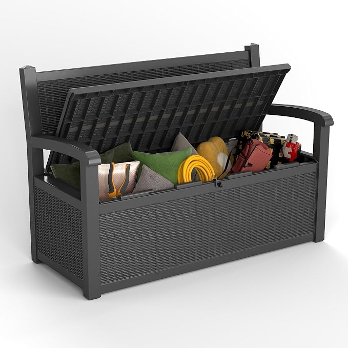 EasyUp 80 Gallon Wicker Weave Style Outdoor Storage Bench, Waterproof and Lockable Deck Box Outdoor Storage Furniture for Patio,Garden,and Porch-Perfect for Storing Garden Tools(Black Pattern)