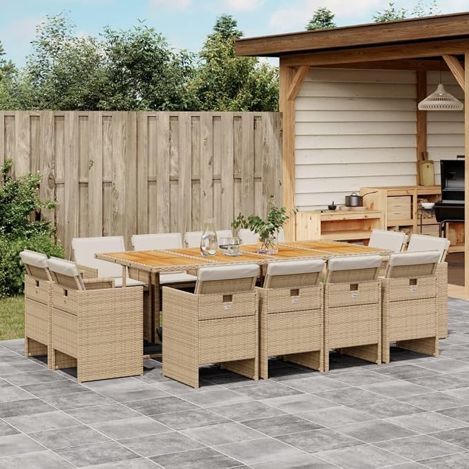 13-Piece Patio Dining Set with Cushions Beige Poly Rattan Outdoor Furniture Set for Garden Backyard, Foldable Chairs & Acacia Wood Table