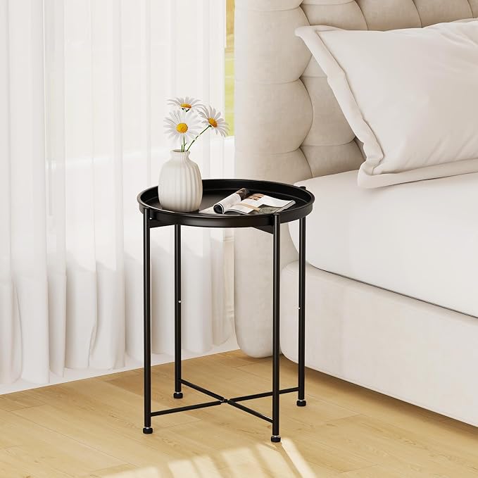 Garden 4 you Small Side Table, Mini Round End Table, Tray Table with Metal Frame, Modern Nightstand for Living Room, Bedroom, Patio, Small Space, Black
