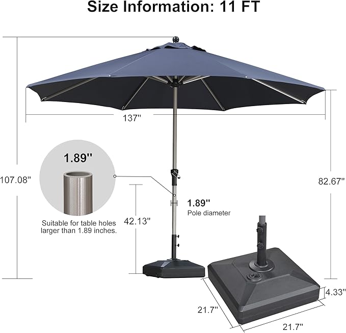 PURPLE LEAF 11' Round Market Umbrella, Patio Umbrella with Base Included, Heavy Duty Outdoor Umbrella, Aluminum Pool Umbrella for Deck, Garden, or Poolside, Navy Blue