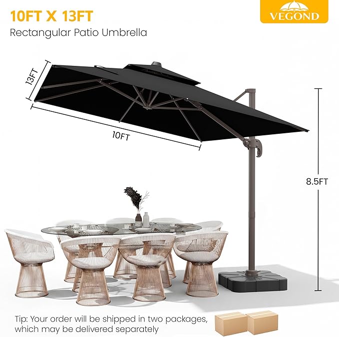 VEGOND 10x13 FT Patio Cantilever Umbrella with Base, Rectangular Heavy Duty Offset Umbrella for 8-10 People, 360°Rotation & Mult Tilt, Double Top Design, for Pool Garden Deck (Black)