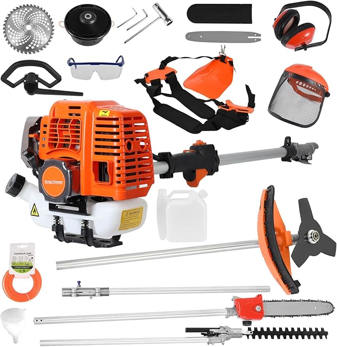5 in 1 Gas Weed Eater - 52cc 2-Stroke Multi-Functional Hedge Trimmer Pruners Gas Powered Brush Cutter, Pole Saw Chainsaw, Handheld Weed Wacker for Garden and Yard Lawn Orange