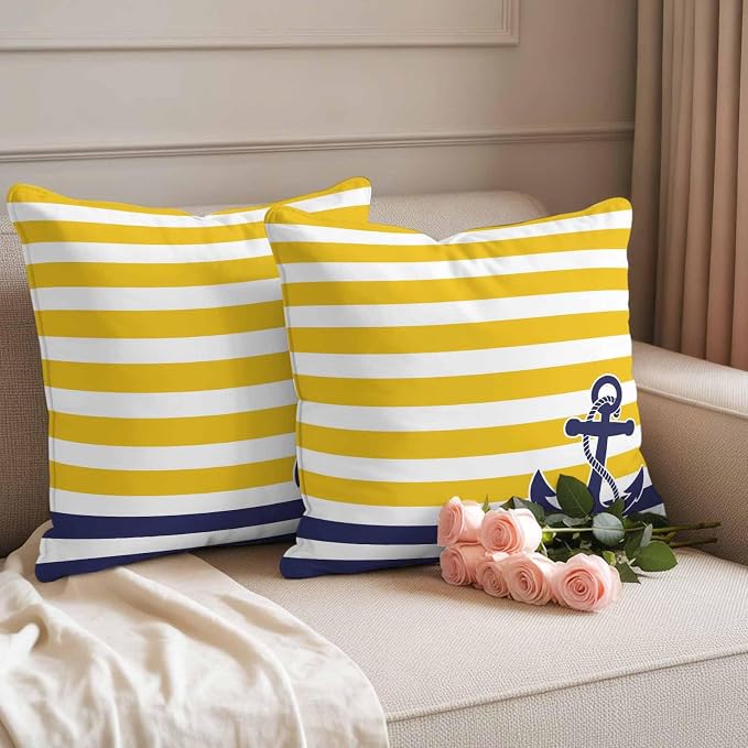 Throw Pillow Covers 24x24 Inch Set of 2, Yellow Striped Waterproof Outdoor Cushion Covers, Navy Blue Nautical Anchor Geometric Decorative Pillowcases for Couch, Sofa, Bed, Garden, Patio