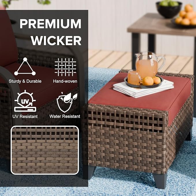 COOS BAY Modern Wicker Outdoor Furniture Set, 3 Piece Patio Conversation Set with a Loveseat and 2 Ottomans, 3 Piece, Brown/Red