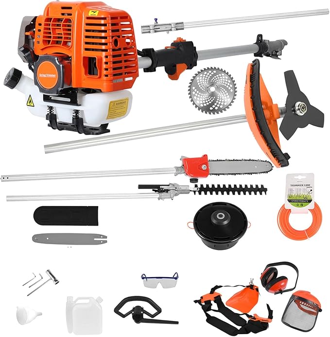 2025 Upgraded 5 in 1 Gas Multi Functional Trimming Tools, 52CC 2 Stroke Gas Weed Eater, Weed Wacker Gas Powered, 9500rpm High Power Gas String Trimmer, Brush Cutter for Garden, Yard, Home Orange