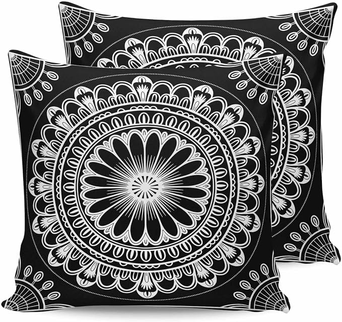 Outdoor Pillow Covers 16x16in Pack of 2 Waterproof Pillowcase Boho Ethnic Mandalas Floral Decorative Throw Cushion Case for Patio Couch Sofa Black White