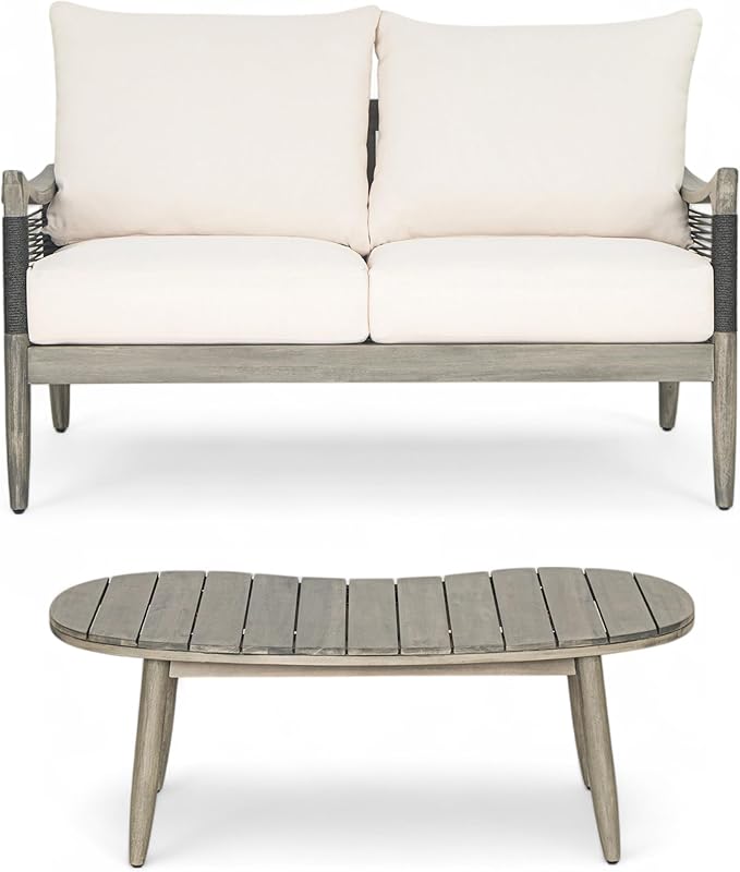 Christopher Knight Home Havets 2 Piece Patio Conversation Sets, Outdoor Acacia Wood Patio Seating Group,Woven Rope Loveseat with Cushions and Coffee Table for Porch Garden Backyard Balcony, Gray+Beige