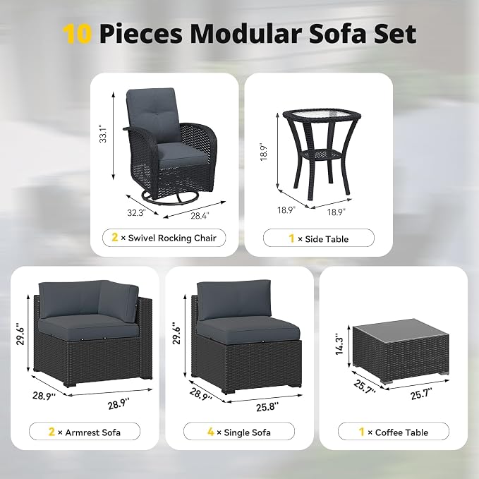Aoxun Patio Furniture Set with Swivel Rocker Chairs, 10 Piece Outdoor Sectional Sofas, Wicker Rattan Outdoor Furniture with Thickened Cushion for Backyard, Garden Light Grey