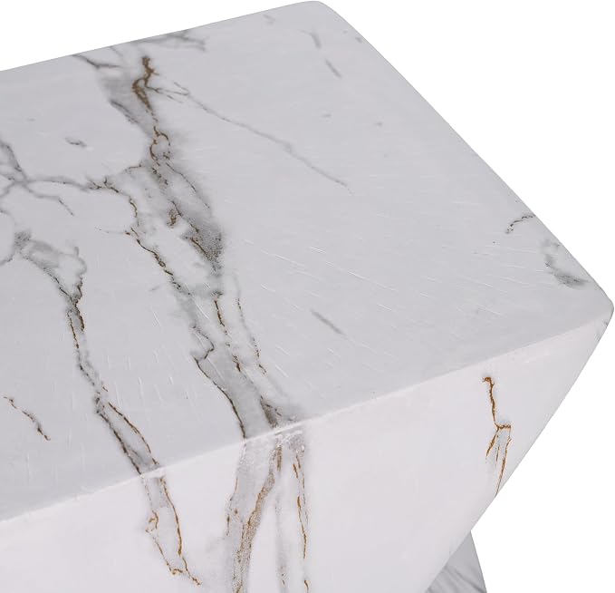 Outdoor Side Table Faux Marble Square Side Table Hourglass End Tables Small Coffee Tables for Patio Garden Stool for Porch, Backyard Balcony,12.2",Weather Resistant, White & Grey