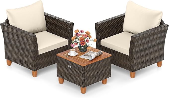 HAPPYGRILL 3-Piece Rattan Patio Conversation Set with Storage Table, Outdoor Wicker Sofa Furniture Set with Cushions for Balcony Backyard Porch