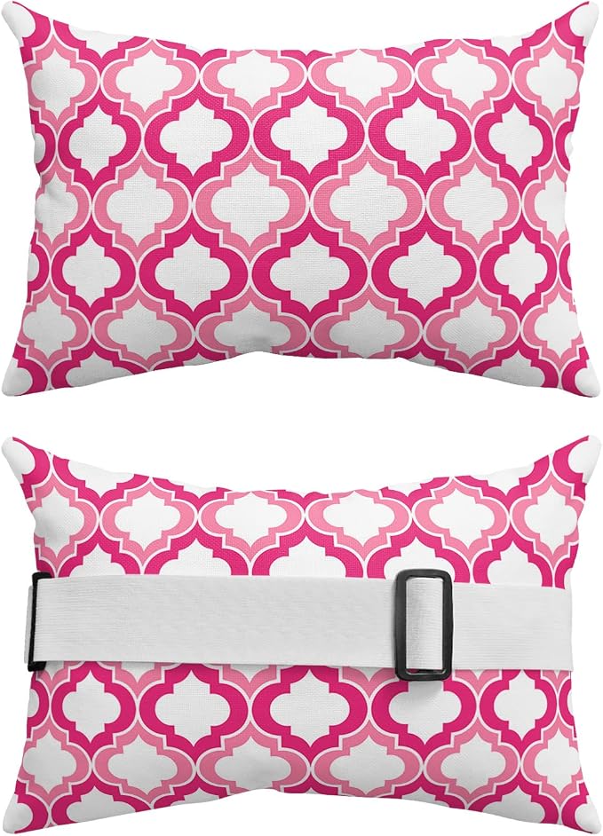 Outdoor Pillows Covers with Inserts Pink and White Moroccan Pattern Geometric Waterproof Recliner Pillow with Adjustable Strap Throw Pillows for Patio Furniture Pool Lounge Chair, 11x16 inch, 1PCS