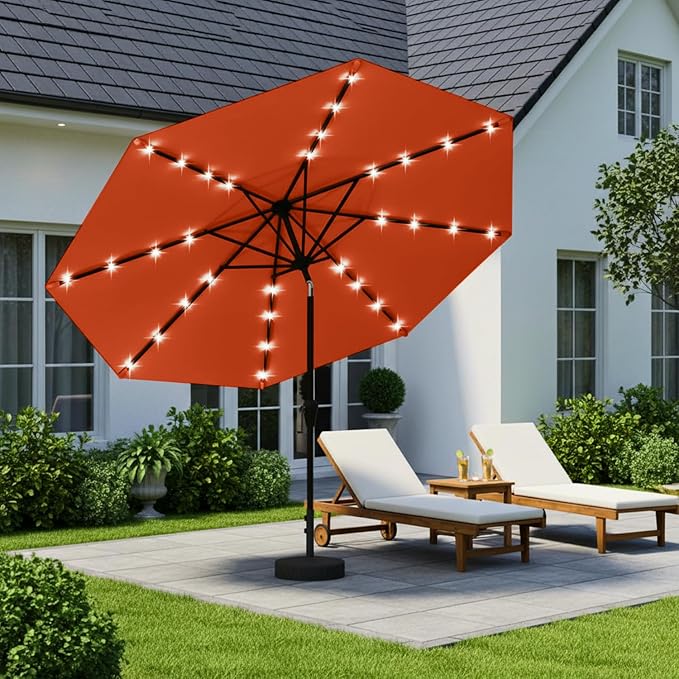 9' Solar LED Patio Umbrella with Tilt & Crank|8 Sturdy Ribs,UV Protection,Outdoor Market Table Umbrella for Deck,Lawn,Pool,Backyard(Orange)