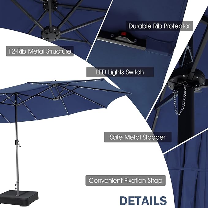 Giantex 15 FT Double Patio Umbrellas with 48 Solar LED Lights, Auto-Charging Panel, Crank System, Outdoor Extra-Large Rectangle Market Table Umbrella for Garden Deck Backyard Beach Pool