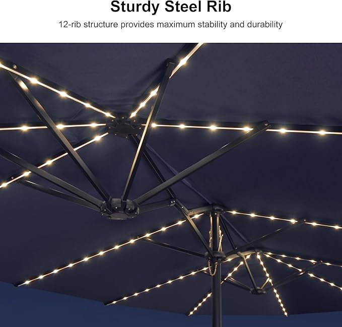 PURPLE LEAF 14ft Patio Market Umbrella with Solar LED and Base Double-Sided Rectangle Outdoor Table Sun Umbrellas with Crank for Pool Beach Deck Backyard Navy Blue