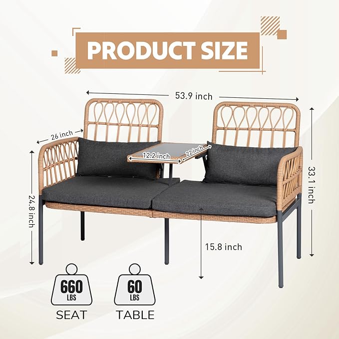 Outdoor Loveseat 2 Pieces Patio Furniture Set, Porch Furniture Wicker Large Loveseats, Patio Conversation Sets with Cushions & Lumbar Pillows and Built-in Table