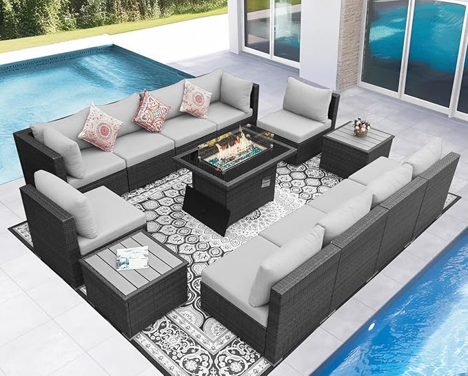 NICESOUL 13 Piece Outdoor Sectional Furniture with Firepit, Contemporary Back Yard Fireplace w/Seating Area, Plus Size 29.3'' High Back Patio Set, All-Weather Wicker Couch for Exterior, Light Gray