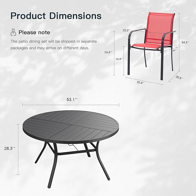 VICLLAX 9 Pieces Patio Outdoor Dining Set, 53" Round Metal Table with Umbrella Hole and 8 Stackable Textilene Chairs for Patio, Lawn, Garden, Porch, Black/Red