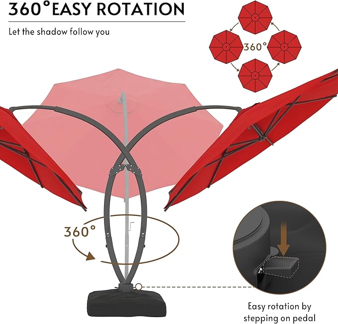 11FT Cantilever Patio Umbrella with Base Included, Large Cantilever umbrella with 360°Rotation, Heavy-Duty Offset Outdoor Umbrella for Patio,Pool,Garden and Backyard (Red)