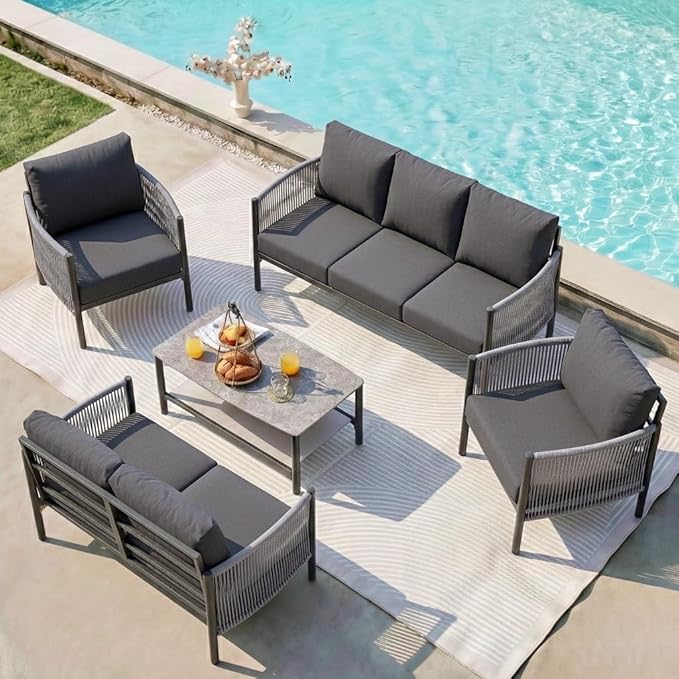 Aluminum Patio Furniture Set, 7 Seats Modern Outdoor Sectional Furniture with PE Rope & Dual-Layer Coffee Table, Luxury Patio Conversation Sets with 6" Cushions for Backyard/Garden, Charcoal