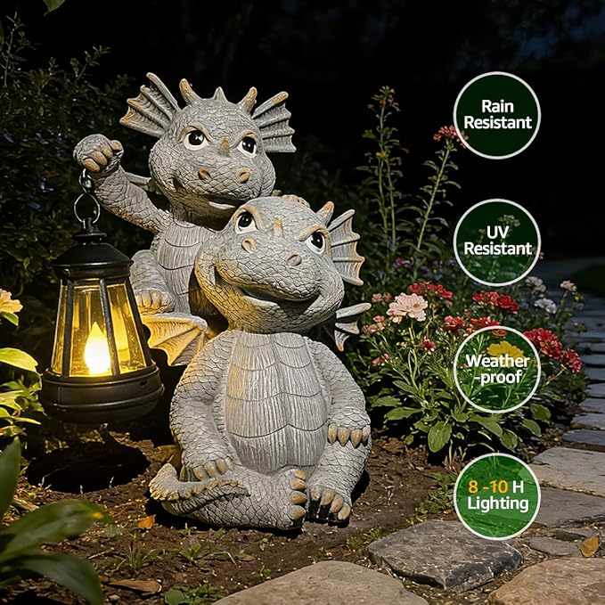 Solar Garden Outdoor Statues Lantern Figurines Light Decorations for Outdoor Patio Balcony Yard Lawn, Ideal Gifts for Mom Friends (Cement Gray- Dragon)