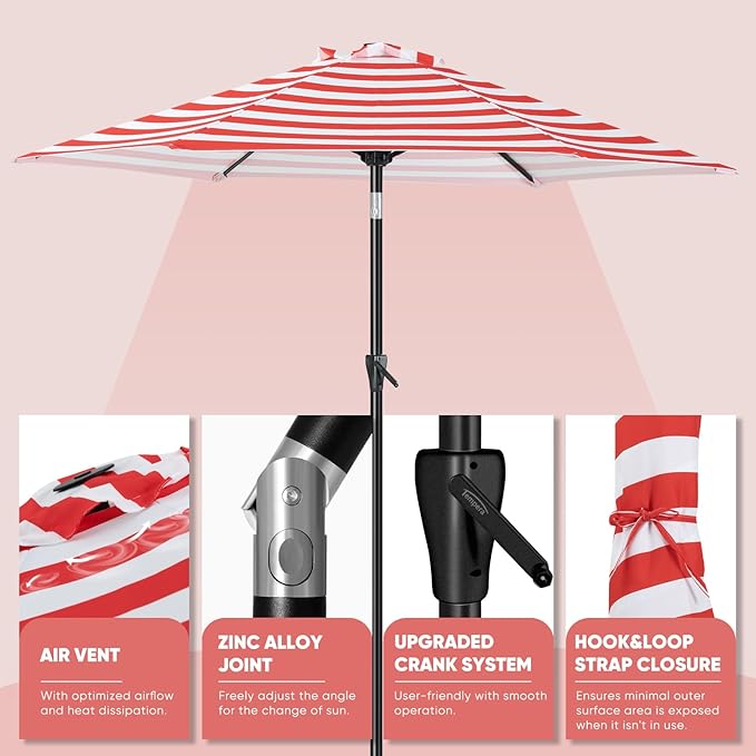 Tempera Patio Market Outdoor Table Umbrella with Push Button Tilt and Crank, Large Sun Umbrella with Sturdy Pole & Fade Resistant Canopy, Easy to Set