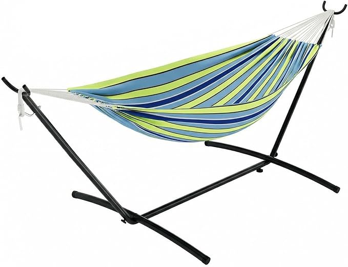 Double Hammock with Stand, 2 Person Cotton Rope Design, 450 Lbs Capacity, Includes Reversible Quilted Pad and Pillow, Hardwood Spreader Bars for Backyard Patio Outdoor