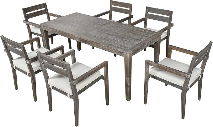VilroCaz 7-Pieces Acacia Wood Outdoor Dining Table Set, All-Weather Patio Conversation Dining Set, 70.9'' Dining Table with 6 Removable Cushion Chairs, Suitable for Patio Balcony Backyard (Grey-AC)