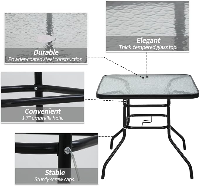 Premium Square Patio Table with 2 In Umbrella Hole,32 In Tempered Glass Top,Outdoor Coffee Table for Patio,Balcony, Backyard,Poolside,and Sunroom - Small Patio Table with Umbrella Hole (Square)