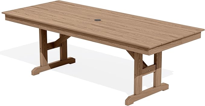 SERWALL Outdoor Dining Table, 84" Rectangular Dining Table for 6-10 Person, All Weather HDPE Patio Dining Table with Umbrella Hole for Backyard, Garden, Brown