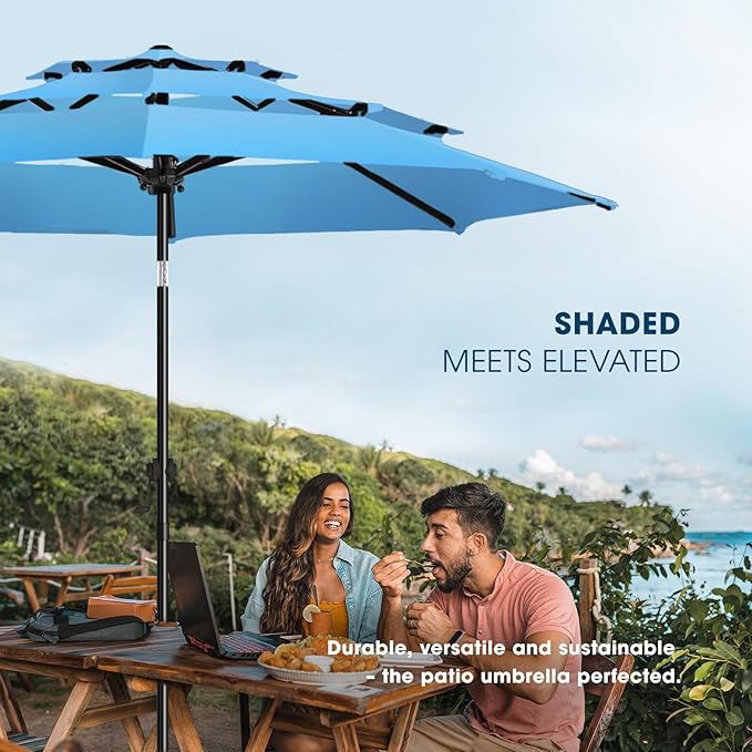 wikiwiki 9ft 3-Tier Patio Umbrella Outdoor Table Market Umbrella for Patio with Push Button Tilt/Crank, Fade Resistant Waterproof POLYESTER Canopy for Garden, Lawn, Deck, Backyard & Pool, Sky Blue