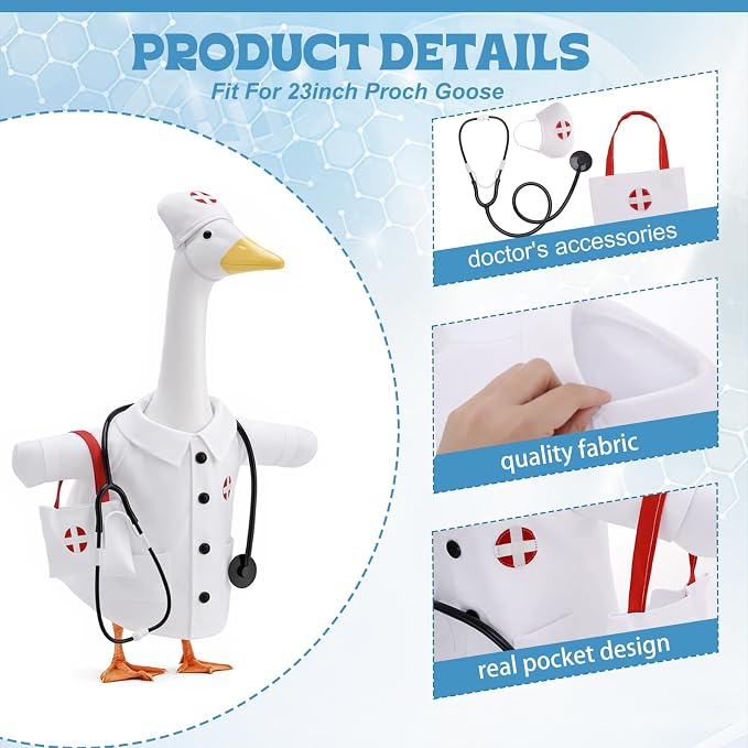 Doctor Goose Outfit for 23" Porch Goose, Healthcare Nurse Outfit Set with Clothes Stethoscope & Bag for Outdoor Lawn Garden Yard, Hospital School Classroom Decor