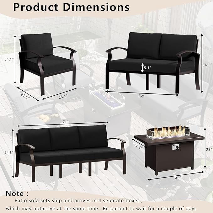 Patio Furniture Set 5-Piece Aluminum Armrest Sofa, Modern Outdoor Living Room Set with 55000 BTU Propane Aluminum Fireplace, Outdoor Rotary Joystick with Thick Cushion