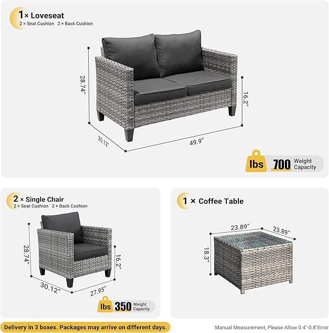 ovios 4 Pieces Patio Furniture Set, Outdoor Wicker Rattan Sofa Couch with Loveseat, Chairs, Glass Coffee Table, Conversation Sets for Yard Porch Garden, Black
