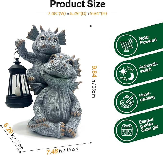 Solar Garden Outdoor Statues Lantern Figurines Light Decorations for Outdoor Patio Balcony Yard Lawn, Ideal Gifts for Mom Friends (Cement Gray- Dragon)