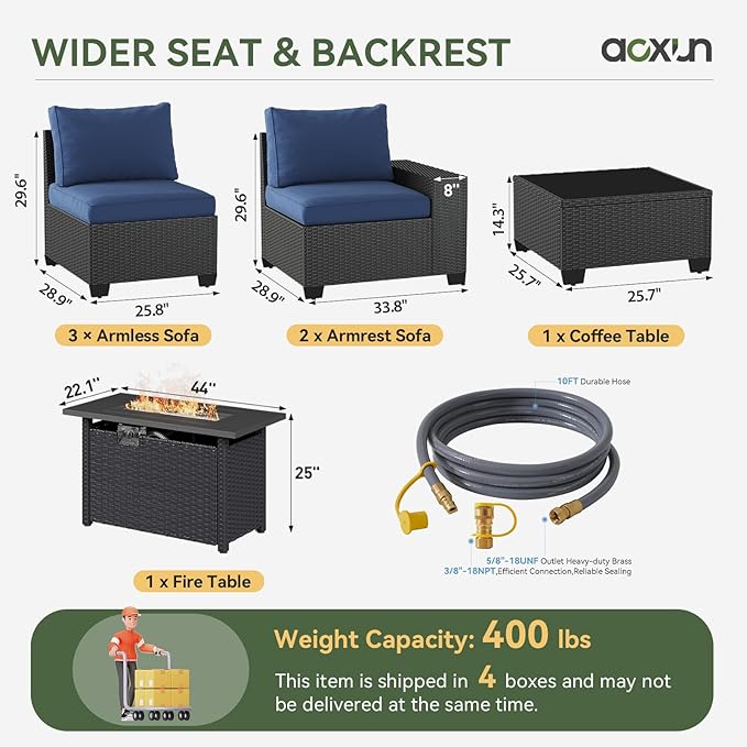 Aoxun Outdoor Furniture with 44'' Fire Pit, 7 Pcs Outdoor Patio Furniture Sets with 4in Thicken Cushion, Widen Armrests Wicker Outdoor Sectional for Backyard (Gas Converter Include)