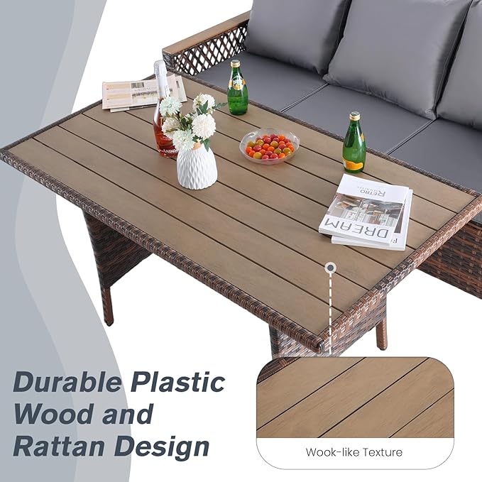 MELLCOM 8 Pieces Patio Furniture Set, Outdoor Wicker Chairs with Ottomans, 3-Seat Sofa & Dining Table, All-Weather Conversation Set with Water-Resistant Cushions & High Back for Garden, Backyard