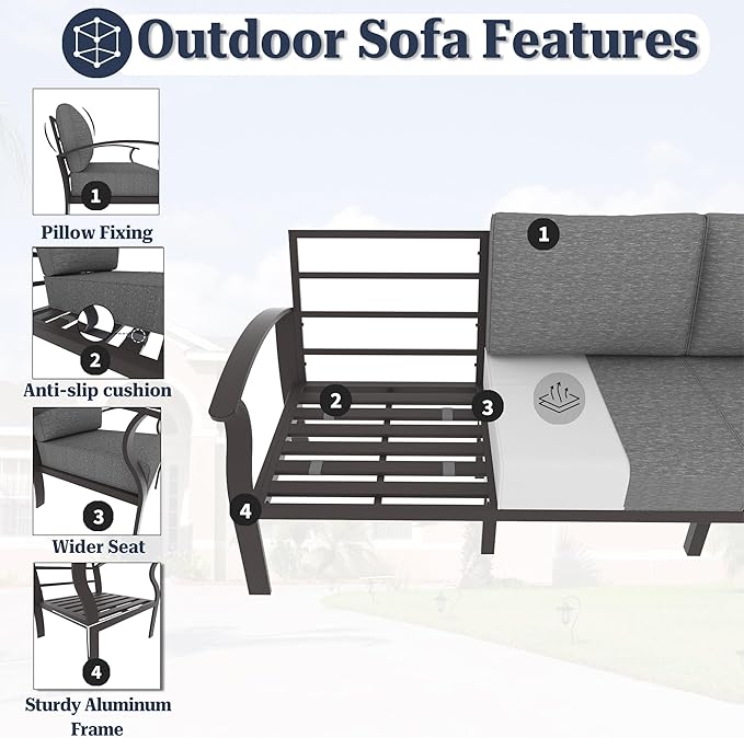 Kurapika Aluminum Patio Furniture Set 5-Seat Modern Metal Outdoor Conversation Sets w/5.1 Inch Cushion Patio Sectional Sofa, Grey
