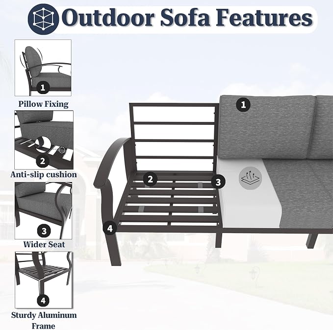 Kurapika Aluminum Patio Furniture Set 5-Seat Modern Outdoor Conversation Sets w/2 Ottomans with Rectangular Coffee Table, Grey