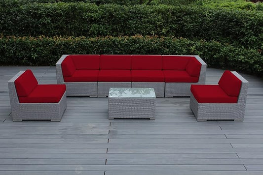 Ohana Outdoor Patio Wicker Furniture 7 Piece Gray Wicker Sectional Conversational Set with Free Patio Cover - Red
