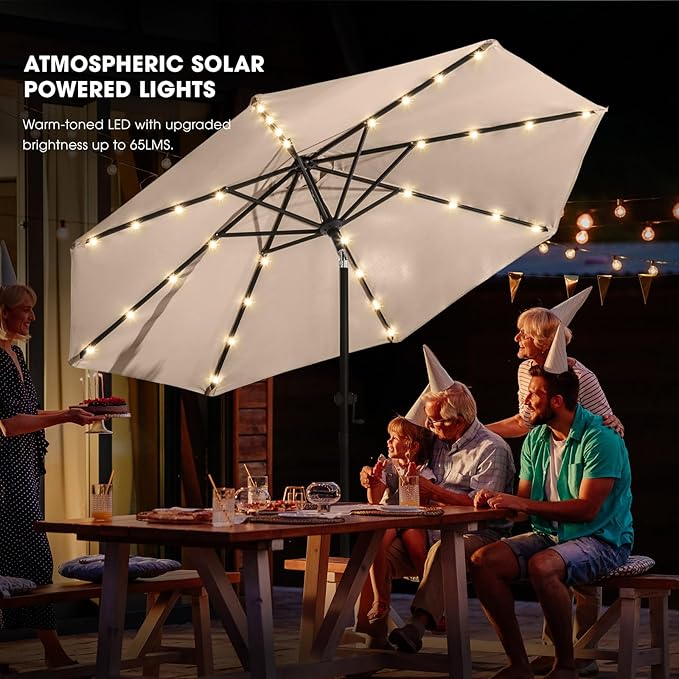 wikiwiki 9FT Solar Led Patio Umbrella with Base Included, 32 LED Lights, 8 Sturdy Ribs, Fade Resistant Waterproof POLYESTER DTY Canopy for Garden, Lawn, Deck, Backyard & Pool, Beige