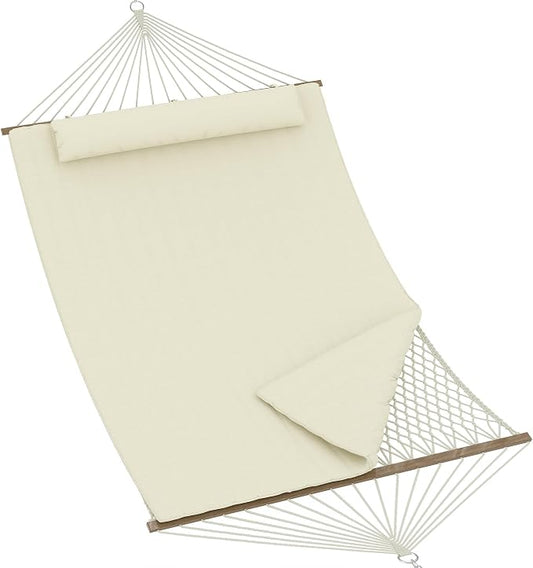 Double Spreader Bar Hammock with Stand, 2-Person, 12ft, 450lbs Capacity | quick-dry, UV-resistant, detachable pad & pillow, side pockets, for patio/backyard/garden/beach, Beige White