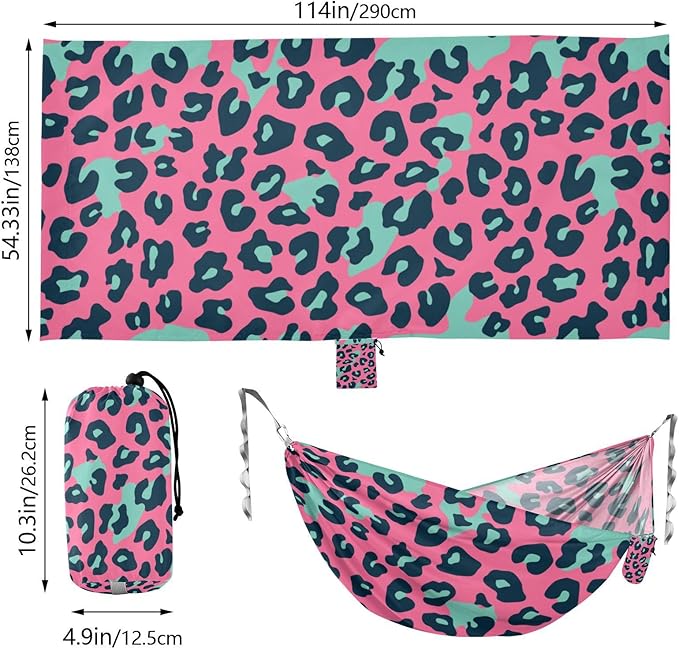 Pink and Green Leopard Print 330lb Capacity Outdoor Hammocks with Portabl Carry Bag Cloth Hammock for Patio Backyard Lounge Base hamaca con Base para adultos
