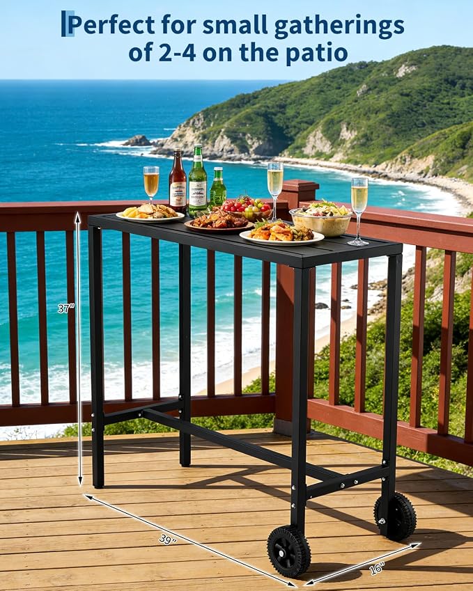 Garvee Outdoor Bar Table, 39 inch Counter Height Table with Wheels & Adjustable Leveling Feet,Bar Table for Kitchen, Home Bar, Patio, Balcony,Black