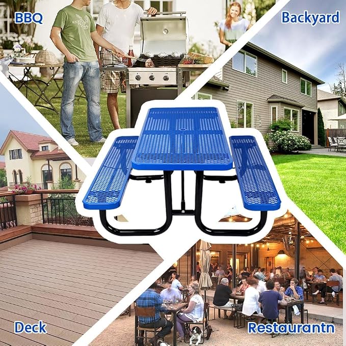 72" Rectangular Metal Picnic Table for 4-8 Person, Durable Heavy Duty Commercial Picnic Table up to 2800 lbs for Outdoor Coffee Shop, School, Hospital, Easy to Install, Blue