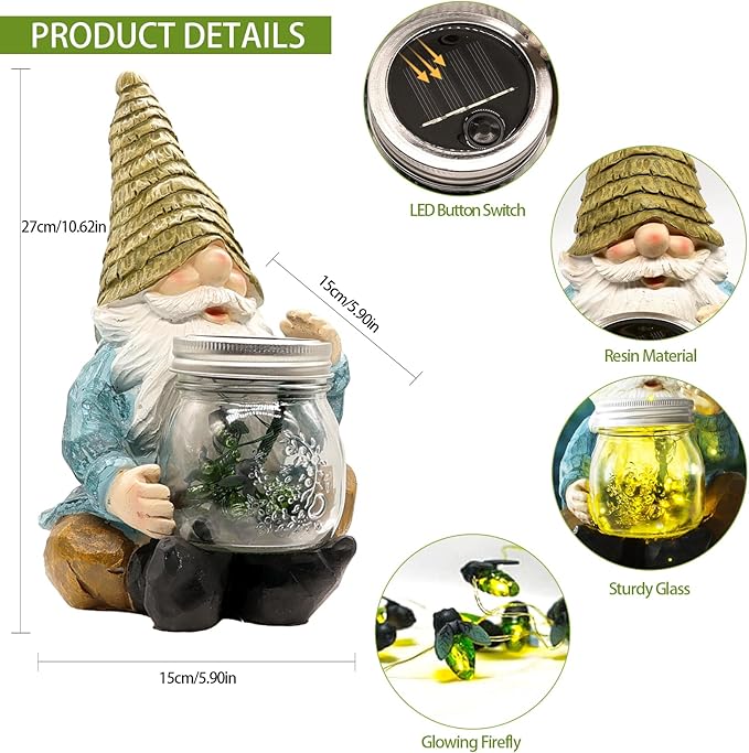 Solar Firefly Jar Gnome Waterproof, Mother's Day,Birthday Housewarming Gifts for Mom Women,Large Garden Gnome Funny Solar Outdoor LED Lights Resin Statues 10.6" Lantern Figurines Decorations